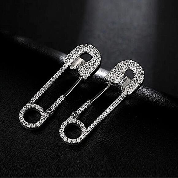 Silver Rhinestone Safety Pin Earrings, Minimalist - Picture 5 of 6